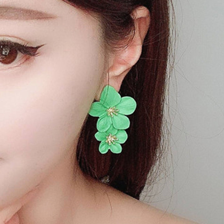 Sweet Women Solid Color Dual Flower Long Dangle Stud Earrings Party Jewelry Image 9