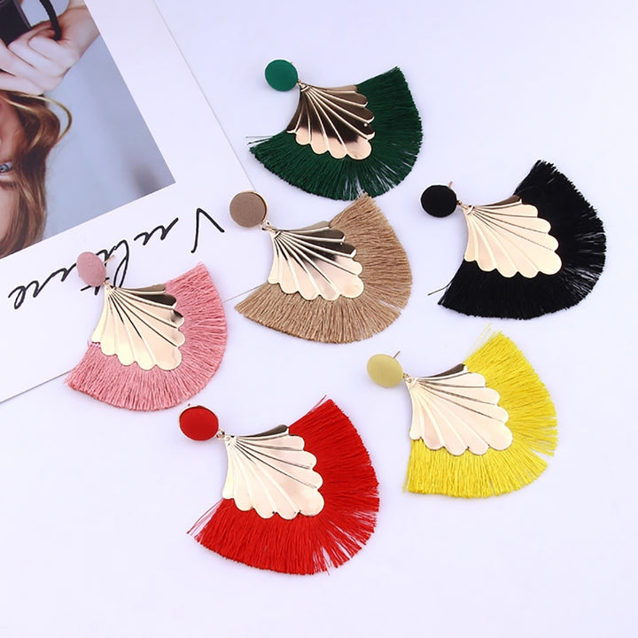 1 Pair Women Creative Bohemia Fringed Fan Shape Dangle Earrings Jewelry Gift for Party Image 1