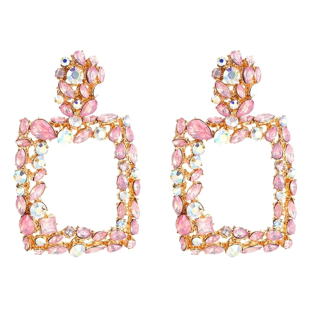 Bohemia Women Colorful Rhinestone Hollow Square Charm Statement Stud Earrings Image 4