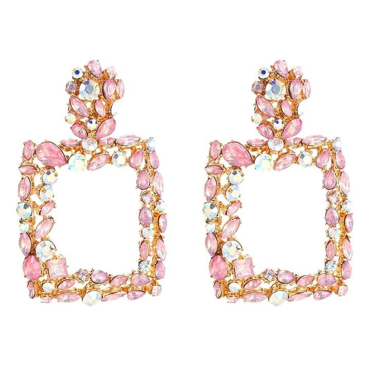 Bohemia Women Colorful Rhinestone Hollow Square Charm Statement Stud Earrings Image 4