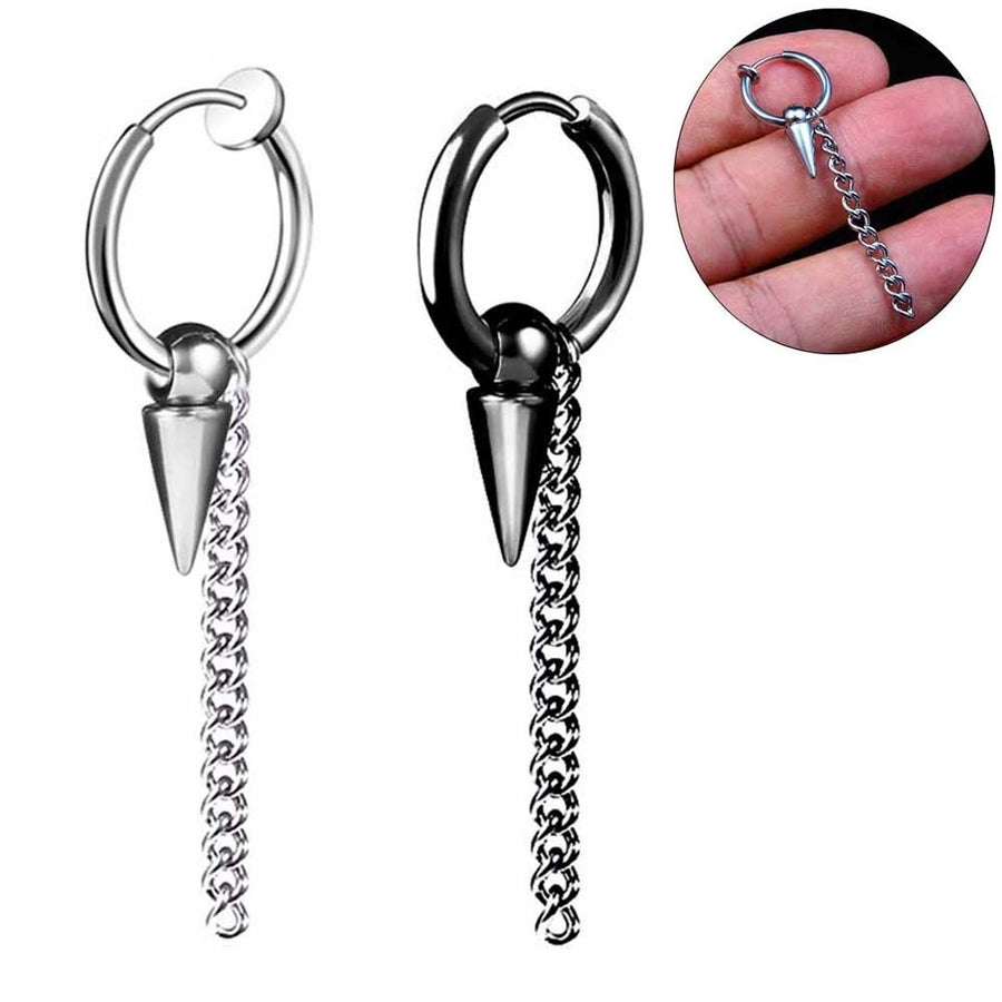 1Pc Men Fashion Stainless Steel Long Chain Ear Clip Buckle Street Hoop Earrings Image 1