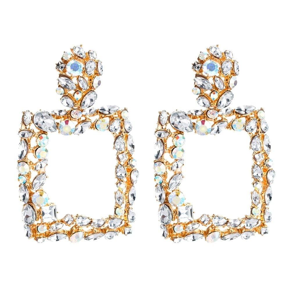 Bohemia Women Colorful Rhinestone Hollow Square Charm Statement Stud Earrings Image 4