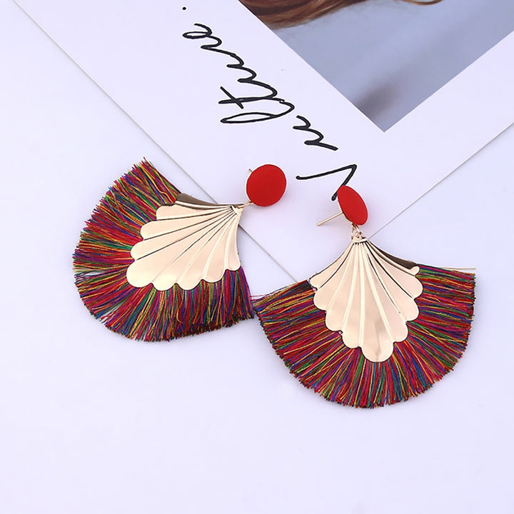 1 Pair Women Creative Bohemia Fringed Fan Shape Dangle Earrings Jewelry Gift for Party Image 7