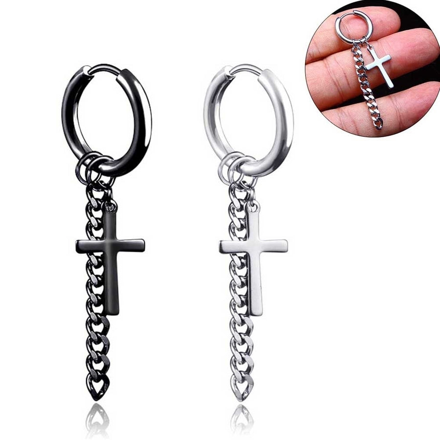 1Pc Fashion Men Tassel Chain Cross Charm Ear Clip Hoop Huggie Earring Jewelry Image 1