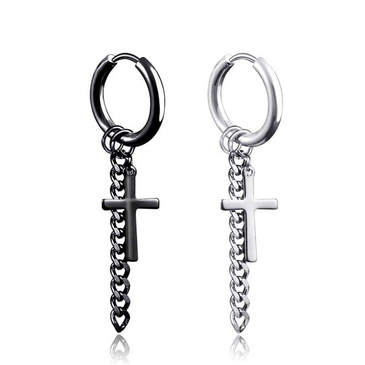 1Pc Fashion Men Tassel Chain Cross Charm Ear Clip Hoop Huggie Earring Jewelry Image 2