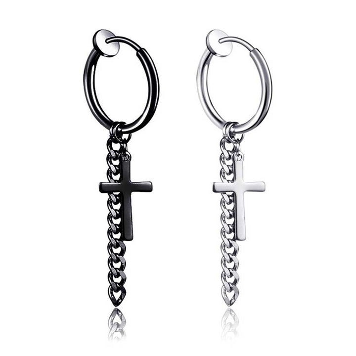 1Pc Fashion Men Tassel Chain Cross Charm Ear Clip Hoop Huggie Earring Jewelry Image 3