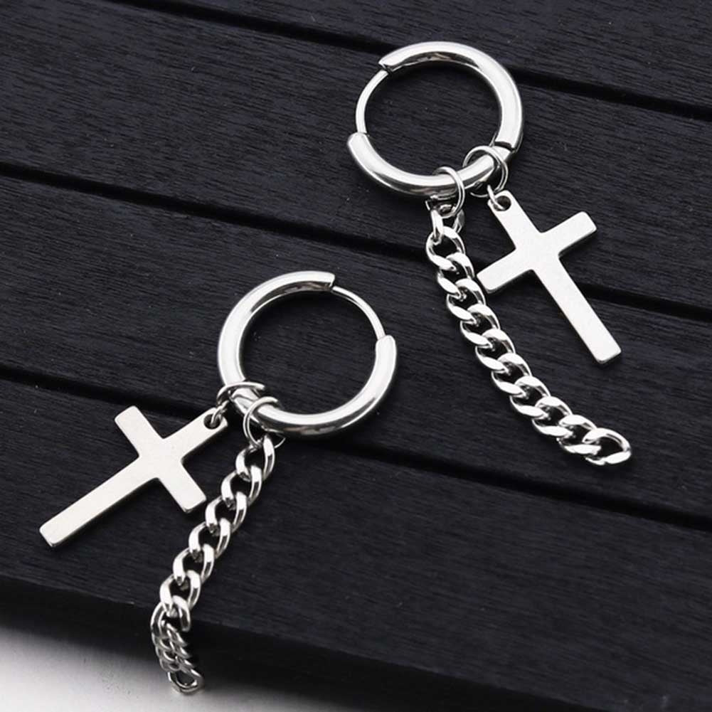 1Pc Fashion Men Tassel Chain Cross Charm Ear Clip Hoop Huggie Earring Jewelry Image 4