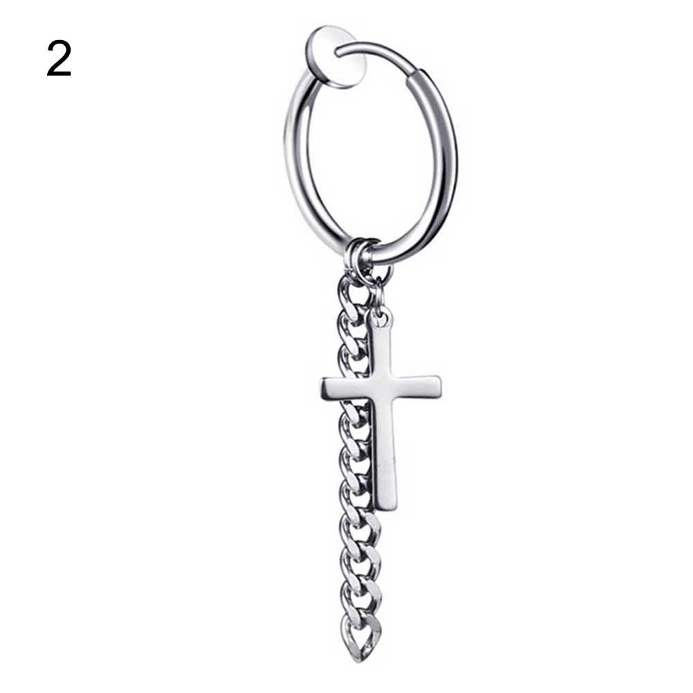 1Pc Fashion Men Tassel Chain Cross Charm Ear Clip Hoop Huggie Earring Jewelry Image 6