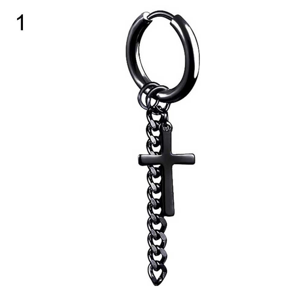 1Pc Fashion Men Tassel Chain Cross Charm Ear Clip Hoop Huggie Earring Jewelry Image 1