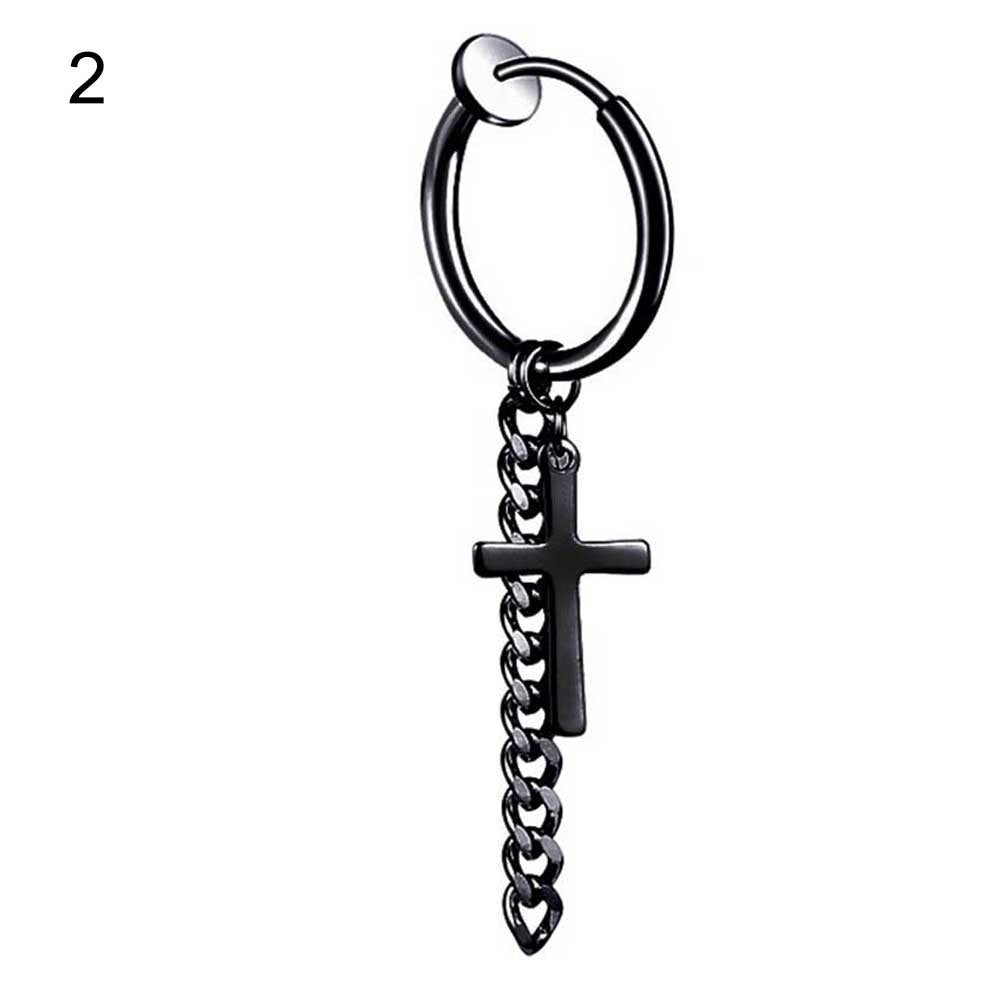 1Pc Fashion Men Tassel Chain Cross Charm Ear Clip Hoop Huggie Earring Jewelry Image 1