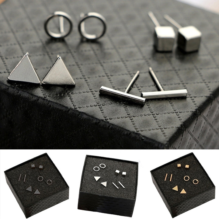 4Pairs Simple Square Round Triangle Bar Ear Studs Set Women Geometry Earrings Image 3