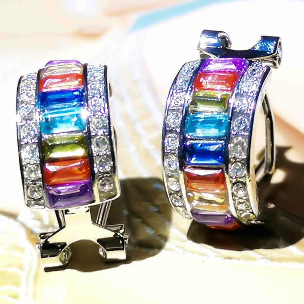 1Pc Glitter Colorful Rectangular Faux Gem Rhinestone Lady Ear Cuff Clip Earring Image 2