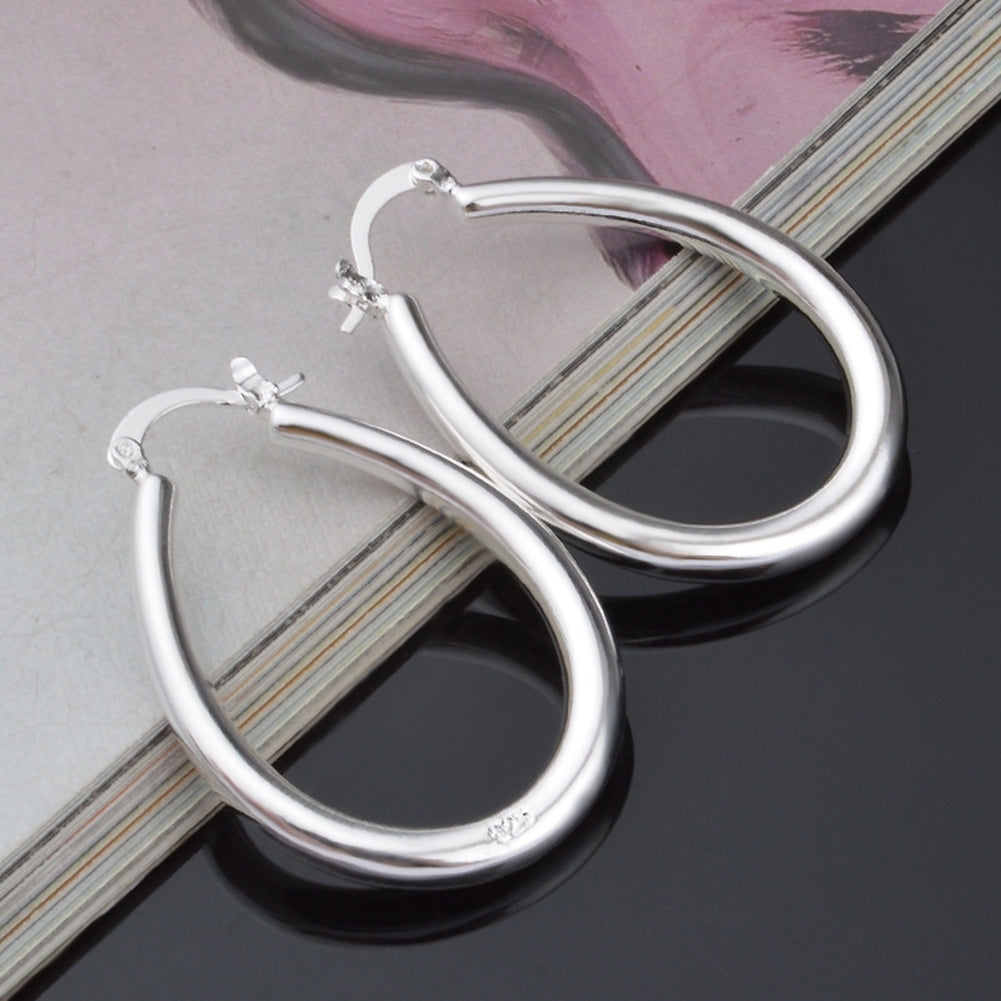 Silver Plated Big Hollow Oval Hoop Earring Fashion Women Party Banquet Jewelry Image 1