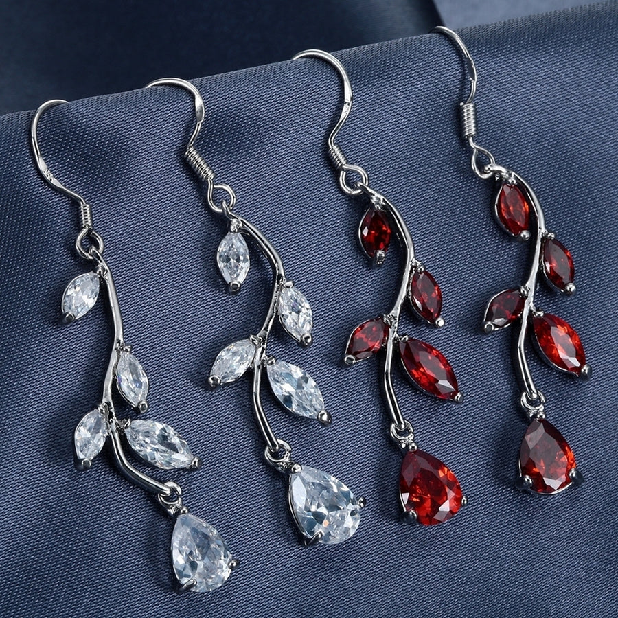 Elegant Women Faux Gemstone Inlaid Leaves Hook Earrings Party Banquet Jewelry Image 1