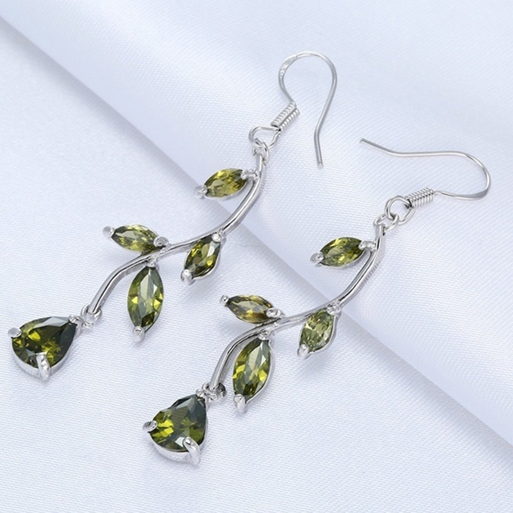 Elegant Women Faux Gemstone Inlaid Leaves Hook Earrings Party Banquet Jewelry Image 3