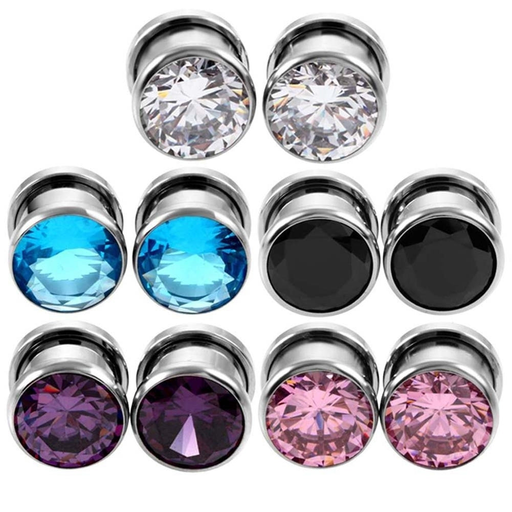 Cubic Zirconia Inlaid Round Ear Plugs Tunnels Expanders Gauges Body Jewelry Image 1