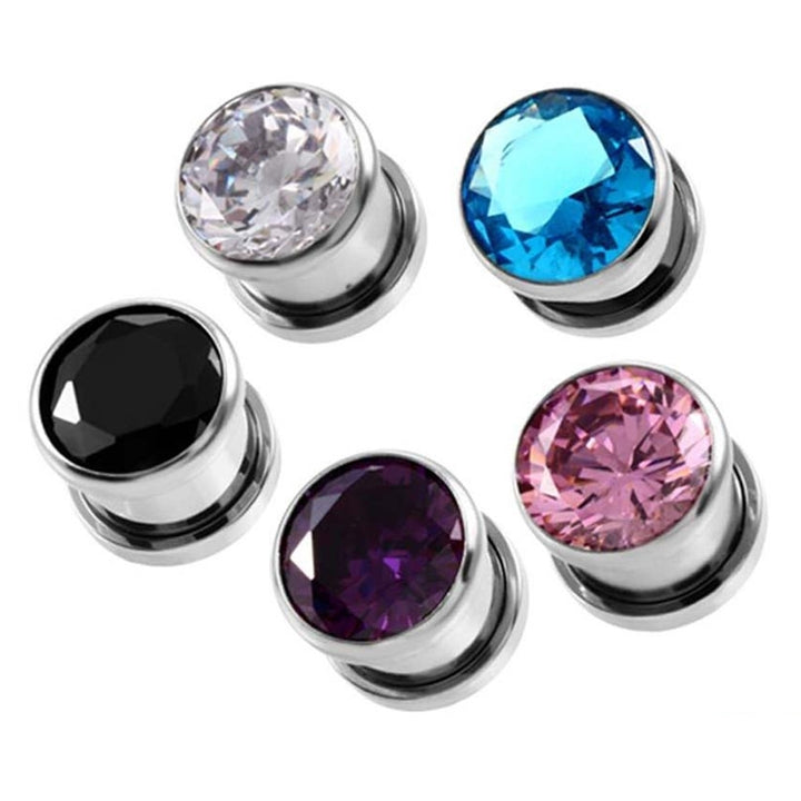 Cubic Zirconia Inlaid Round Ear Plugs Tunnels Expanders Gauges Body Jewelry Image 6