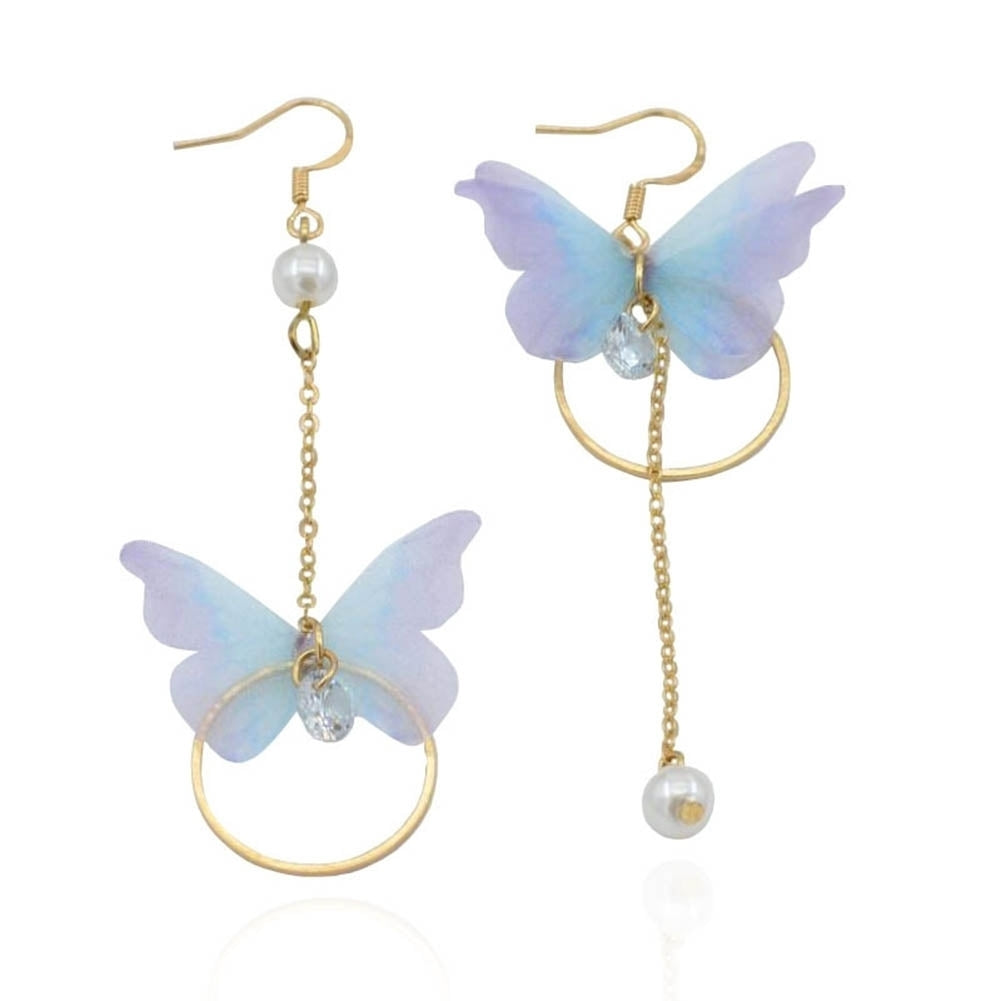 Sweet Women Butterfly Gauze Circle Faux Pearl CZ Long Dangle Asymmetric Earrings Image 1