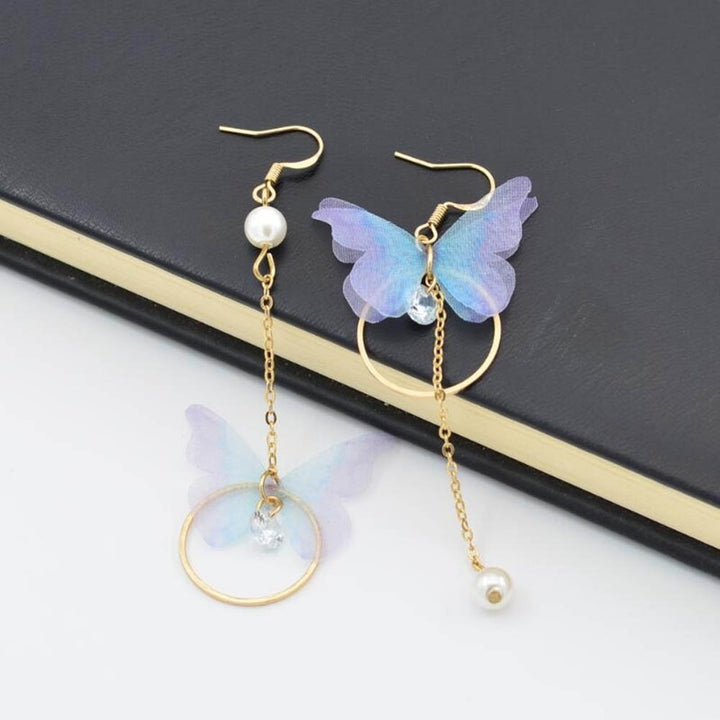 Sweet Women Butterfly Gauze Circle Faux Pearl CZ Long Dangle Asymmetric Earrings Image 4