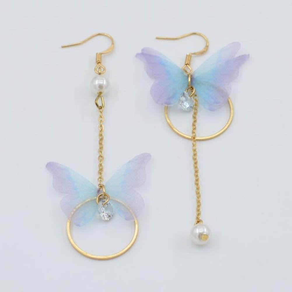 Sweet Women Butterfly Gauze Circle Faux Pearl CZ Long Dangle Asymmetric Earrings Image 4