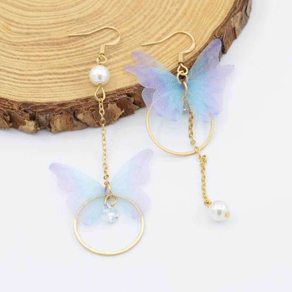 Sweet Women Butterfly Gauze Circle Faux Pearl CZ Long Dangle Asymmetric Earrings Image 6