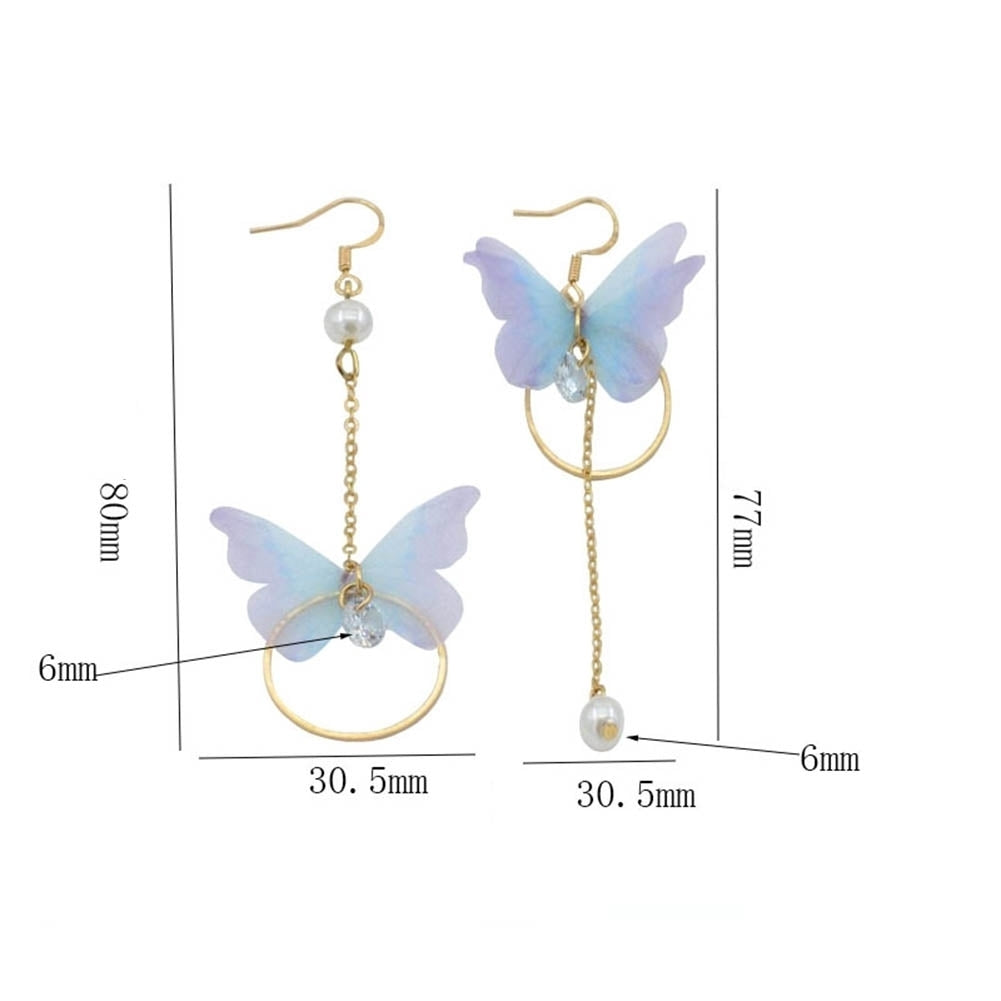 Sweet Women Butterfly Gauze Circle Faux Pearl CZ Long Dangle Asymmetric Earrings Image 10