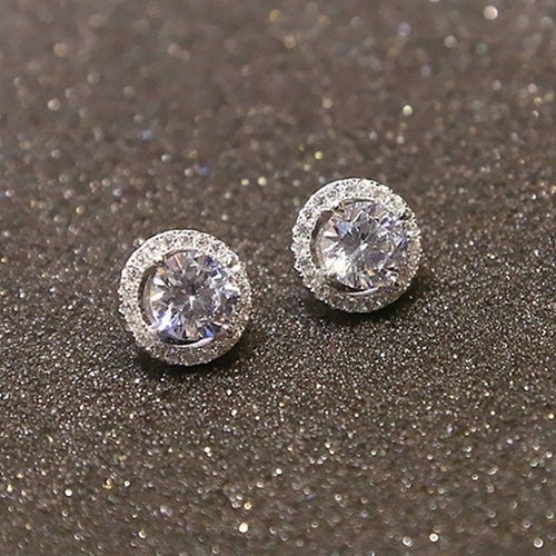 Womens Fashion Round Zircon Inlaid Earrings Luxury Silver Tone Ear Stud Jewelry Image 4