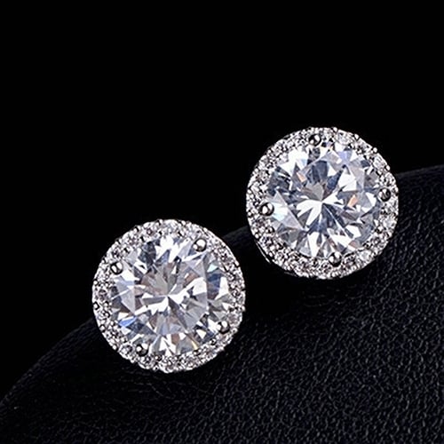 Womens Fashion Round Zircon Inlaid Earrings Luxury Silver Tone Ear Stud Jewelry Image 4