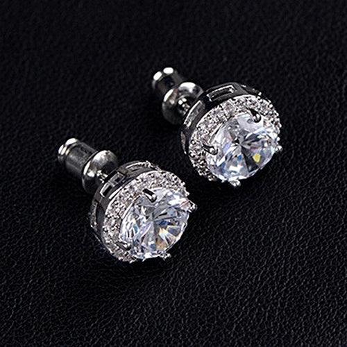 Womens Fashion Round Zircon Inlaid Earrings Luxury Silver Tone Ear Stud Jewelry Image 6