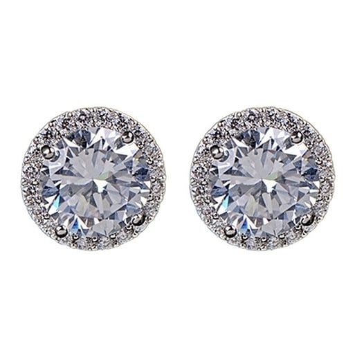 Womens Fashion Round Zircon Inlaid Earrings Luxury Silver Tone Ear Stud Jewelry Image 7