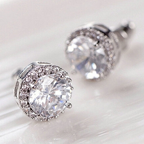 Womens Fashion Round Zircon Inlaid Earrings Luxury Silver Tone Ear Stud Jewelry Image 9