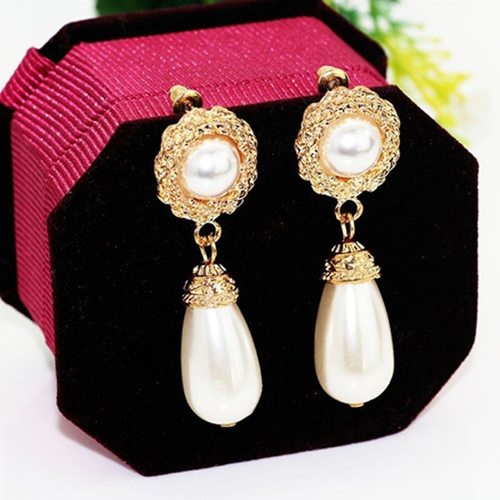 Women Elegant Luxury Golden Tone Jewelry Faux Pearl Drop Dangle Stud Earrings Image 1