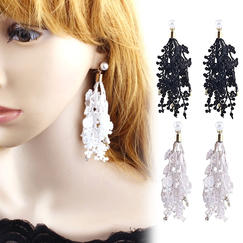 Bridal Wedding Lace Tassel Rhinestone Long Dangle Faux Pearl Stud Earrings Gift Image 1