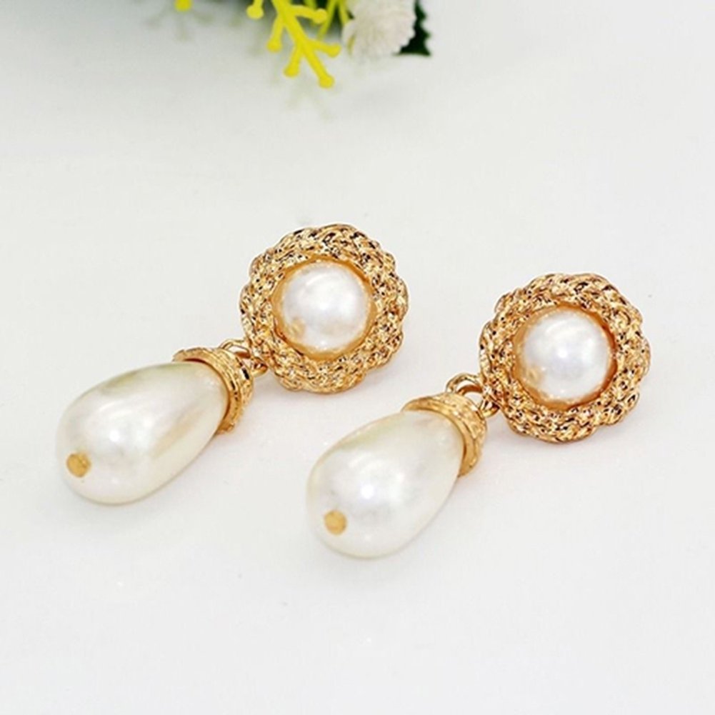 Women Elegant Luxury Golden Tone Jewelry Faux Pearl Drop Dangle Stud Earrings Image 2