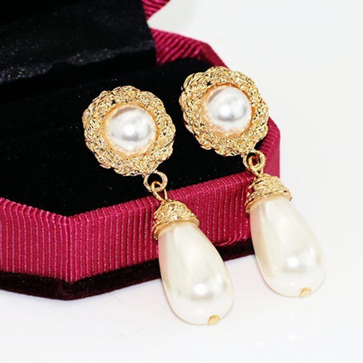 Women Elegant Luxury Golden Tone Jewelry Faux Pearl Drop Dangle Stud Earrings Image 3