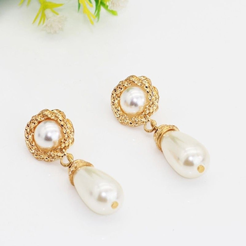 Women Elegant Luxury Golden Tone Jewelry Faux Pearl Drop Dangle Stud Earrings Image 4