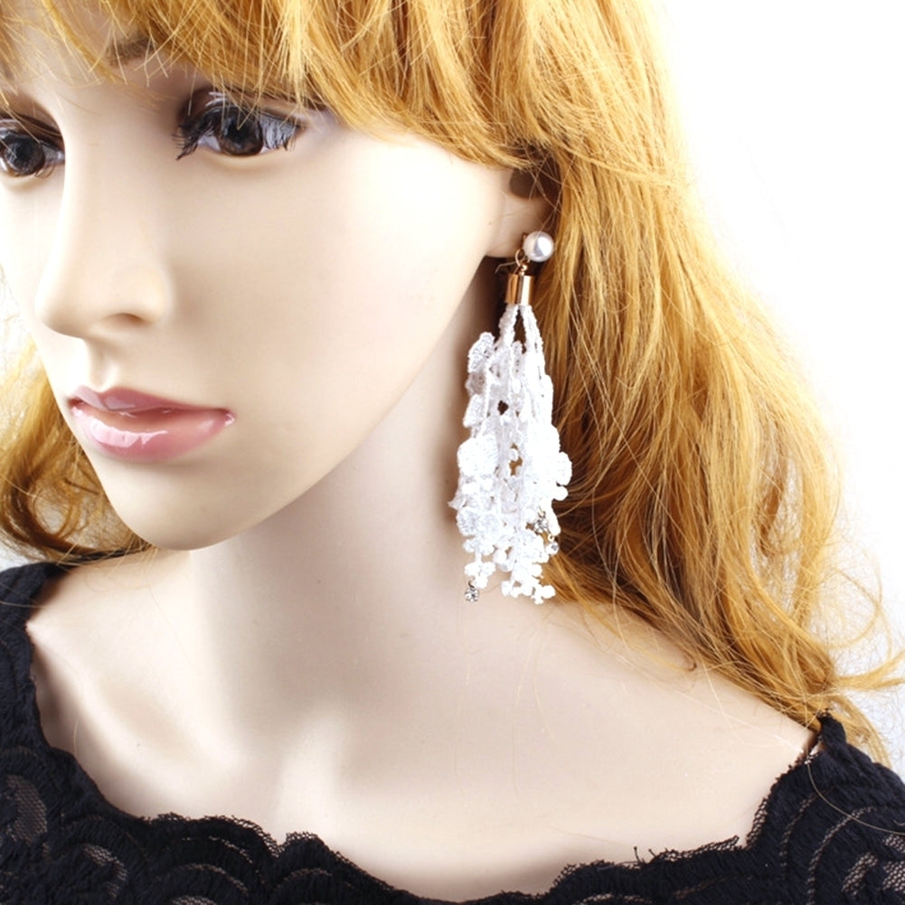 Bridal Wedding Lace Tassel Rhinestone Long Dangle Faux Pearl Stud Earrings Gift Image 3