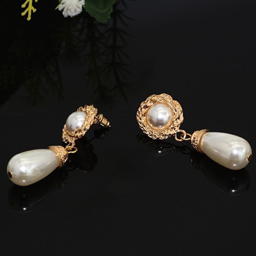 Women Elegant Luxury Golden Tone Jewelry Faux Pearl Drop Dangle Stud Earrings Image 4