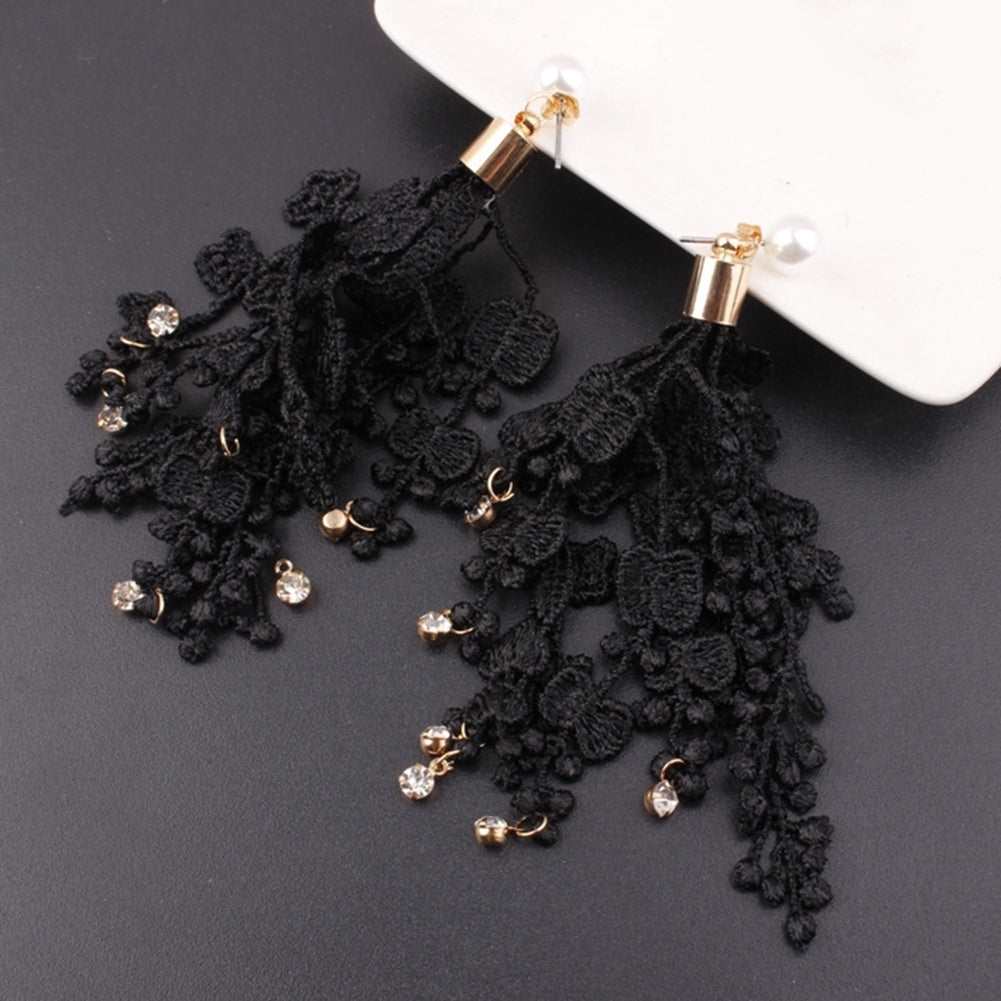 Bridal Wedding Lace Tassel Rhinestone Long Dangle Faux Pearl Stud Earrings Gift Image 4