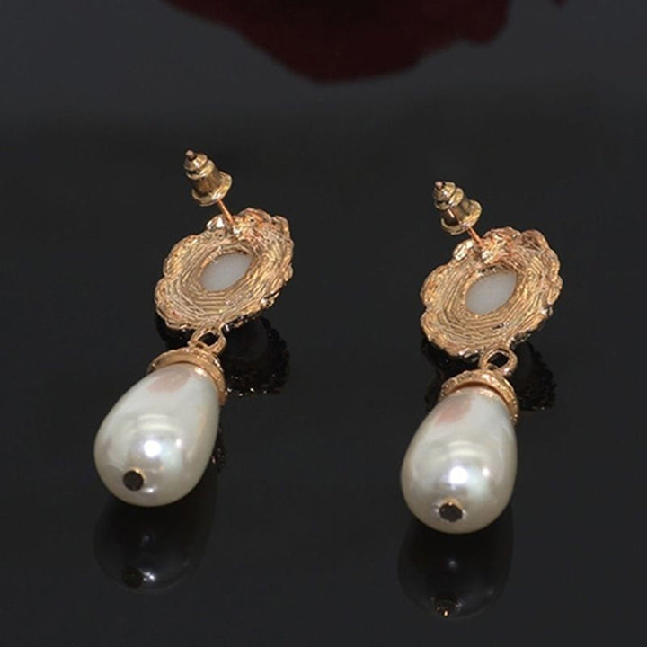 Women Elegant Luxury Golden Tone Jewelry Faux Pearl Drop Dangle Stud Earrings Image 6