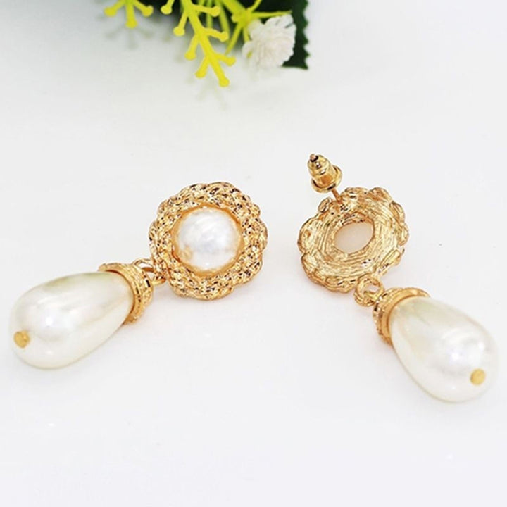 Women Elegant Luxury Golden Tone Jewelry Faux Pearl Drop Dangle Stud Earrings Image 7