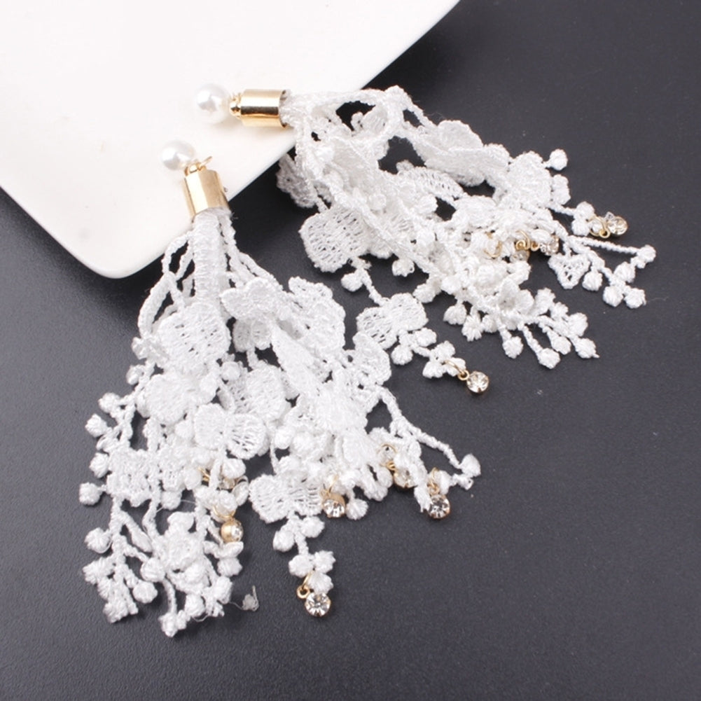 Bridal Wedding Lace Tassel Rhinestone Long Dangle Faux Pearl Stud Earrings Gift Image 6