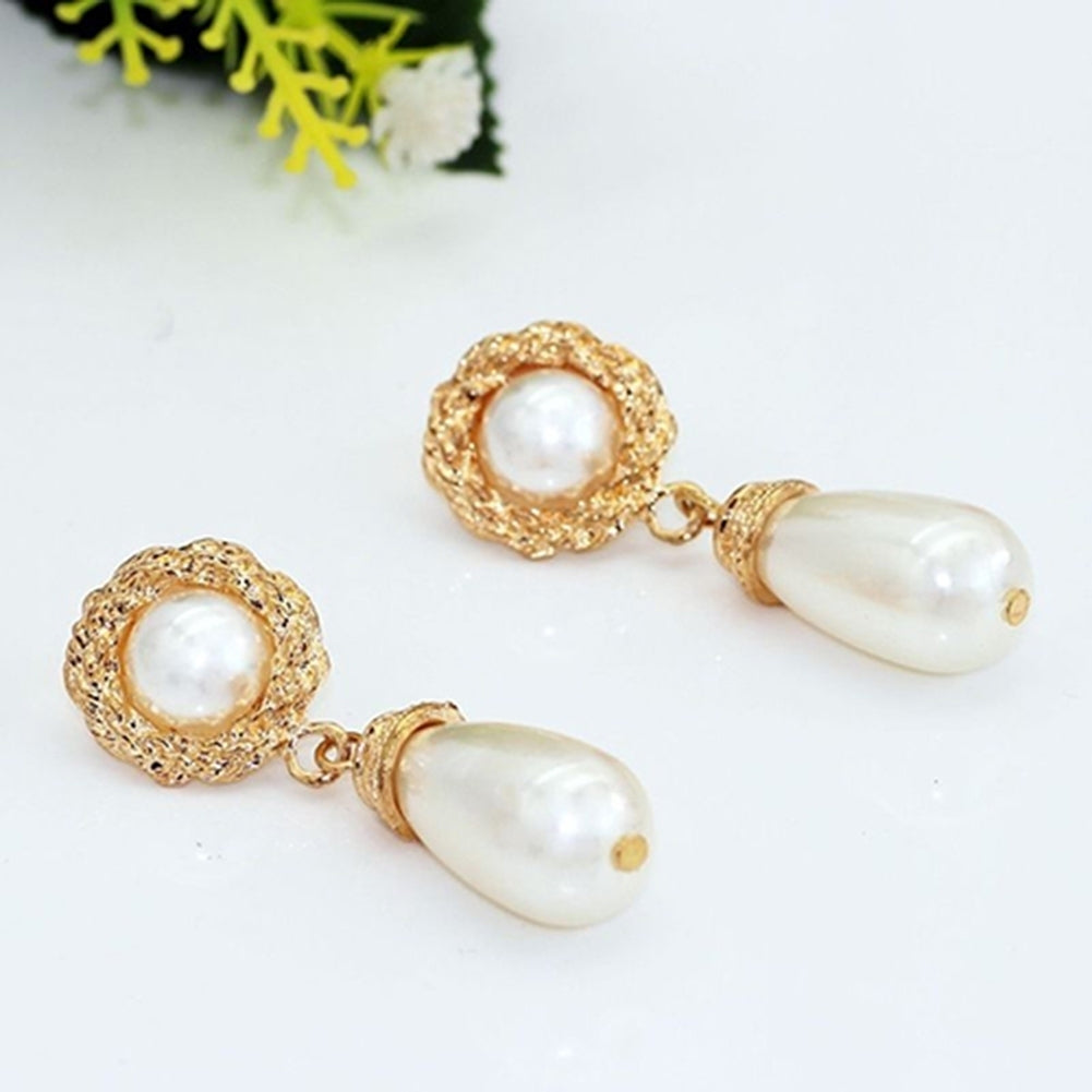 Women Elegant Luxury Golden Tone Jewelry Faux Pearl Drop Dangle Stud Earrings Image 8