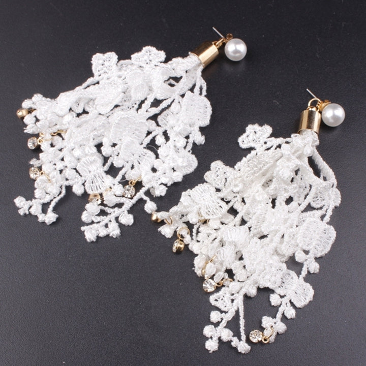 Bridal Wedding Lace Tassel Rhinestone Long Dangle Faux Pearl Stud Earrings Gift Image 7