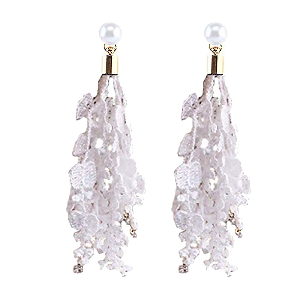 Bridal Wedding Lace Tassel Rhinestone Long Dangle Faux Pearl Stud Earrings Gift Image 9