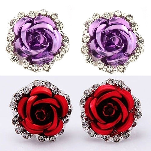 Elegant Rose Flower Rhinestone Ear Stud Clip Earrings Women Piercing Jewelry Image 1