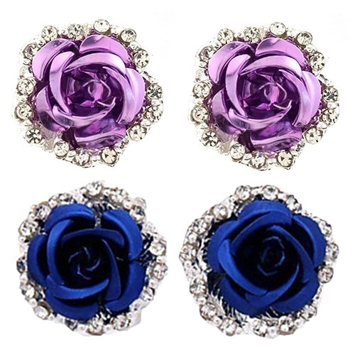 Elegant Rose Flower Rhinestone Ear Stud Clip Earrings Women Piercing Jewelry Image 2