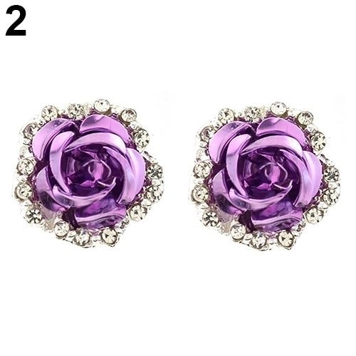 Elegant Rose Flower Rhinestone Ear Stud Clip Earrings Women Piercing Jewelry Image 3