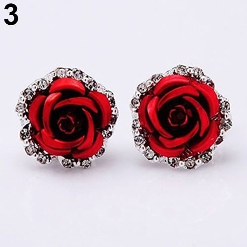 Elegant Rose Flower Rhinestone Ear Stud Clip Earrings Women Piercing Jewelry Image 4