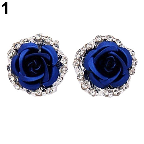 Elegant Rose Flower Rhinestone Ear Stud Clip Earrings Women Piercing Jewelry Image 4